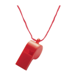 Clássico apito de plástico para pendurar, com cordão a condizer cor vermelho primeira vista