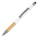 Caneta com detalhe de bambu e um spinner anti-stress, tinta azul cor branco