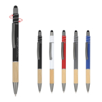 Caneta com detalhe de bambu e um spinner anti-stress, tinta azul