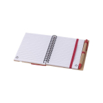 Caderno com várias notas adesivas, régua e caneta, folhas A6 pautadas cor vermelho décima vista