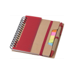 Caderno com várias notas adesivas, régua e caneta, folhas A6 pautadas cor vermelho décima primeira vista