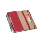 Caderno com várias notas adesivas, régua e caneta, folhas A6 pautadas cor vermelho décima segunda vista