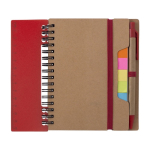 Caderno com várias notas adesivas, régua e caneta, folhas A6 pautadas cor vermelho terceira vista