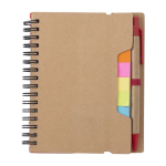 Caderno com várias notas adesivas, régua e caneta, folhas A6 pautadas cor vermelho nona vista