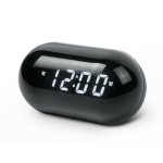 Rádio-despertador redondo e compacto com ecrã digital para a hora cor preto