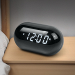 Rádio-despertador redondo e compacto com ecrã digital para a hora cor preto quinta vista