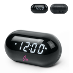 Rádio-despertador redondo e compacto com ecrã digital para a hora
