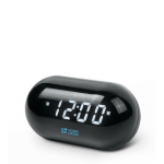 Rádio-despertador redondo e compacto com ecrã digital para a hora vista principal