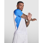 T-shirt técnica de poliéster com manga raglan 140 g/m2 Roly Direct Bugatti cor branco/azul primeira vista de uso