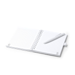 Caderno de extrato de pedra com capa dura, folhas A5 pautadas cor branco vista detalhe 1