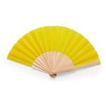 Leque colorido com tecido de poliéster e varetas de madeira cor amarelo segunda vista