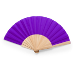 Leque colorido com tecido de poliéster e varetas de madeira cor violeta segunda vista