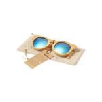 Óculos de bambu com lentes espelhadas em saco com fecho de cordão cor madeira