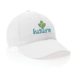 Boné de algodão reciclado, 6 painéis com fecho de velcro 190 g/m2 cor branco vista com logo