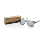 Óculos de sol ecológicos com hastes de bambu e lentes espelhadas UV400 cor castanho vista com caixa