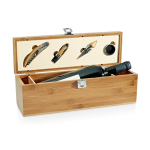 Conjunto de vinho apresentado em elegante caixa de bambu e metal cor natural