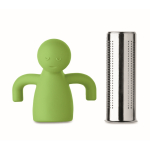 Infusor de chá de aço inoxidável com forma de homenzinho de silicone cor verde-lima sexta vista