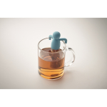 Infusor de chá de aço inoxidável com forma de homenzinho de silicone cor azul-claro vista fotografia quarta vista