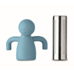 Infusor de chá de aço inoxidável com forma de homenzinho de silicone cor azul-claro sexta vista