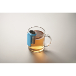 Infusor de chá feito de aço inoxidável com gancho de plástico cor turquesa vista fotografia terceira vista