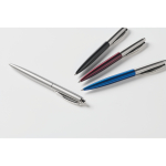 Caneta com botão de aço inoxidável em estojo, tinta azul cor preto vista fotografia quinta vista