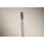 Caneta de alumínio reciclado com botão de cortiça, tinta azul cor branco vista fotografia terceira vista