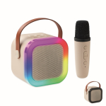 Conjunto de karaoke, colunas estilo vintage com luzes LED e microfone cor bege
