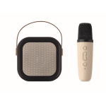 Conjunto de karaoke, colunas estilo vintage com luzes LED e microfone cor bege quinta vista