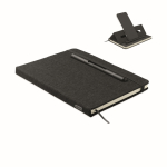 Caderno de capa dura com suporte para telemóvel, folhas A5 pautadas cor preto quarta vista