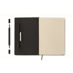 Caderno de capa dura com suporte para telemóvel, folhas A5 pautadas cor preto oitava vista