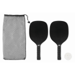 Conjunto de pickleball com 2 raquetas e 1 bola em saco de rede cor preto terceira vista