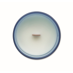 Vela de cera vegetal com aroma a baunilha e pavio de madeira cor azul quinta vista