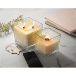 Vela enorme de aroma a baunilha com 2 pavios de madeira cor transparente vista conjunto
