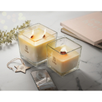 Vela enorme de aroma a baunilha com 2 pavios de madeira cor transparente vista conjunto principal