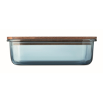 Lancheira de vidro com tampa de madeira e fita elástica de fecho cor azul transparente sexta vista