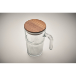 Caneca grande de vidro estriado com tampa de madeira e asa 450 ml cor transparente vista fotografia terceira vista