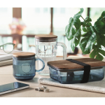 Caneca original de vidro estriado, tampa de madeira de acácia 300 ml cor azul transparente vista conjunto