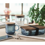 Caneca original de vidro estriado, tampa de madeira de acácia 300 ml cor azul transparente segunda vista conjunto