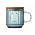 Caneca original de vidro estriado, tampa de madeira de acácia 300 ml cor azul transparente quarta vista