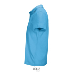 Polo unissexo 100% de algodão penteado e gola canelada com 2 botões cor ciano vista lateral