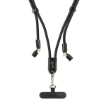 Cabo para telemóvel com USB-C em RPET com fita de pescoço e carga 60W cor preto vista com logo
