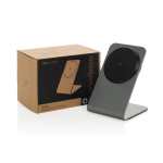 Carregador sem fios magnético premium de alumínio reciclado 15W cor cinzento vista com caixa