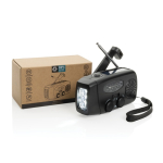 Rádio de emergência multifunções em ABS reciclado e manivela 1.800 mAh cor preto vista com caixa