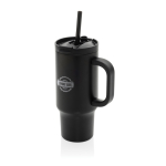 Copo térmico de aço inoxidável reciclado com palhinha e asa 480 ml cor preto vista com logo