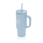 Copo térmico de aço inoxidável reciclado com palhinha e asa 480 ml cor azul vista com logo