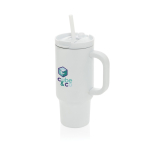 Copo térmico de aço inoxidável reciclado com palhinha e asa 480 ml cor branco vista com logo