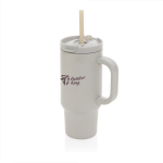 Copo térmico de aço inoxidável reciclado com palhinha e asa 480 ml cor cinzento vista com logo