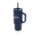 Copo térmico de aço inoxidável reciclado com palhinha e asa 480 ml cor azul-marinho vista com logo