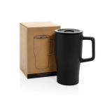 Caneca premium de cerâmica, asa ergonómica e tampa antiderrame 490 ml cor preto vista com caixa