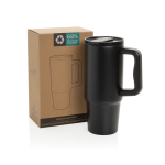 Copo de aço reciclado com bocal dobrável e tampa de rosca 900 ml cor preto vista com caixa